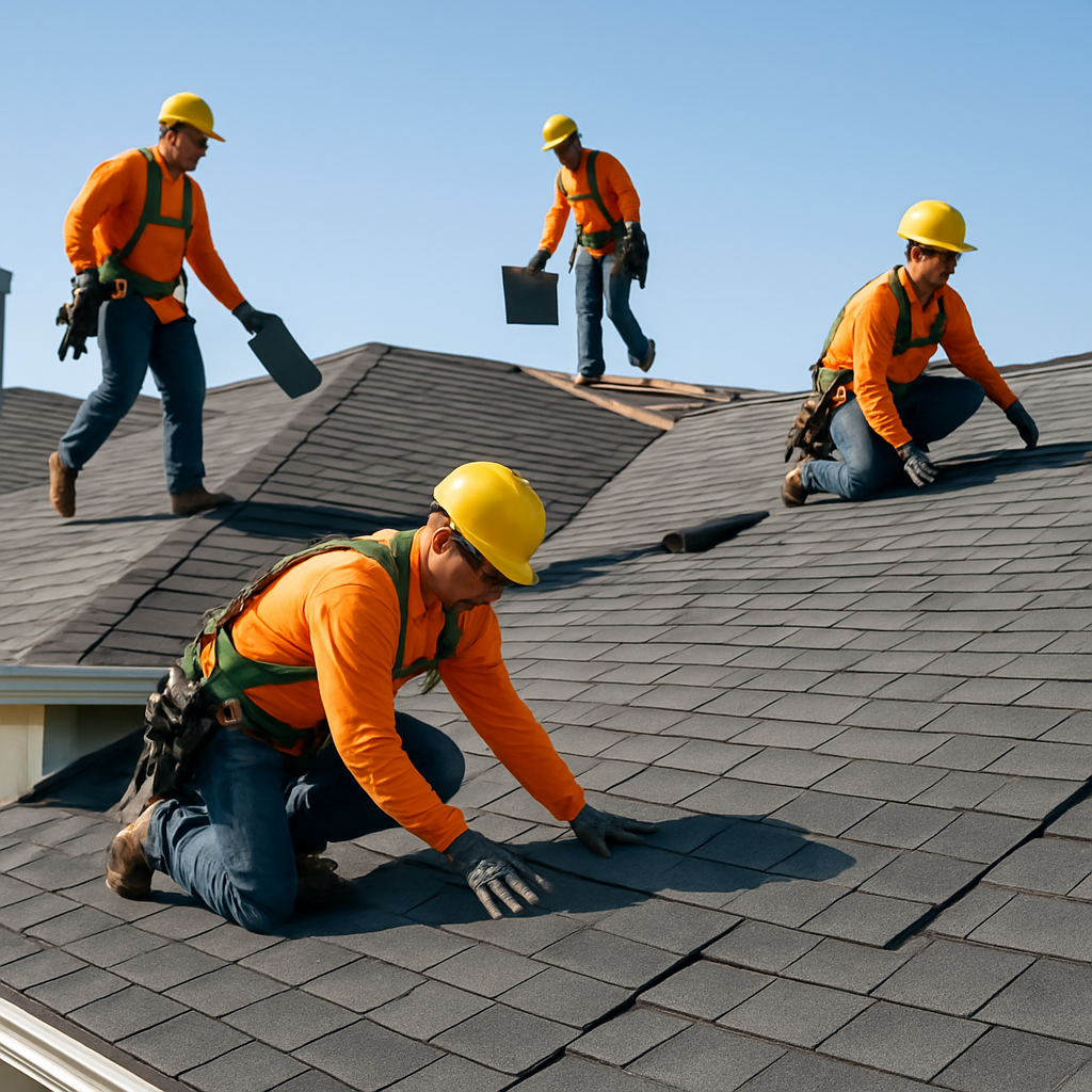Roofing crew working on a clean job site